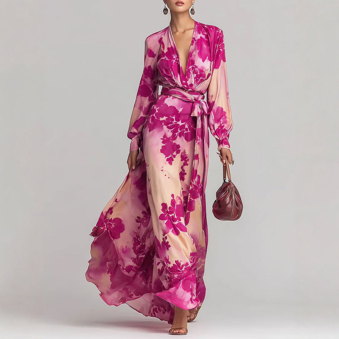 Chiffon Long Sleeve V-Neck Tie-Up Women's Dresses