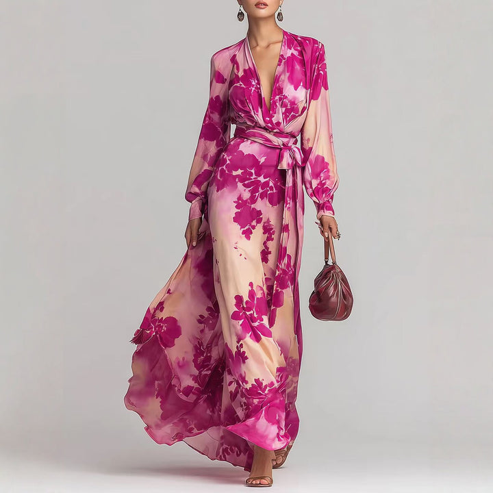 Chiffon Long Sleeve V-Neck Tie-Up Women's Dresses