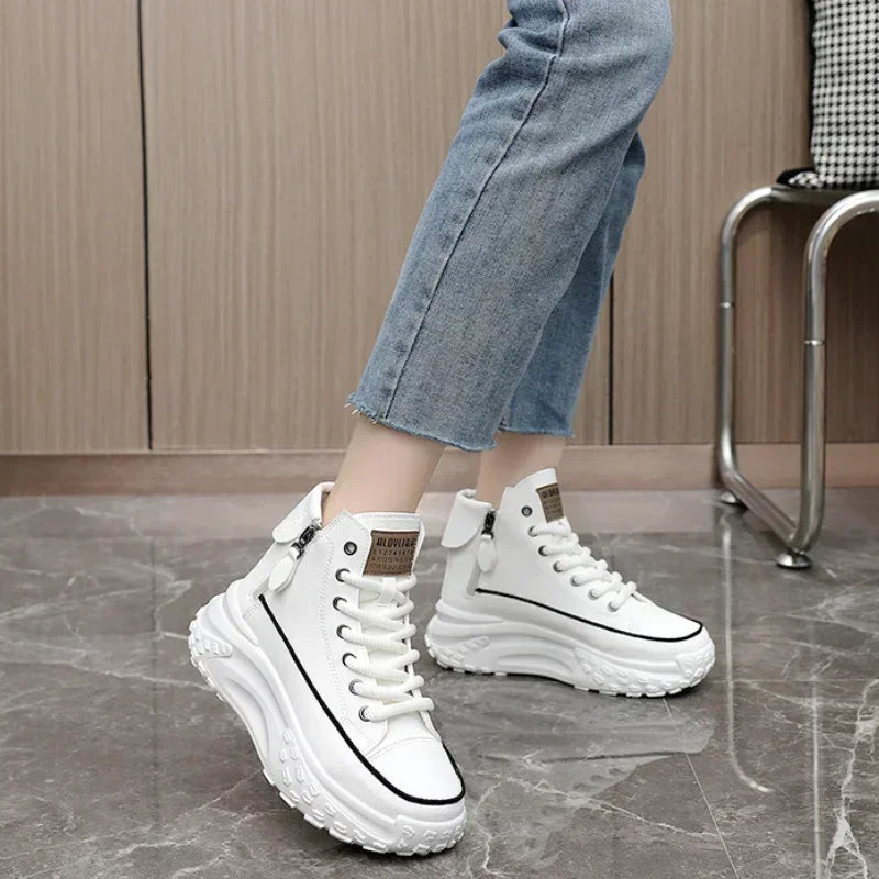 Women's Cushioned Platform Leather Sneakers — Lightweight Walkable High-Top Style