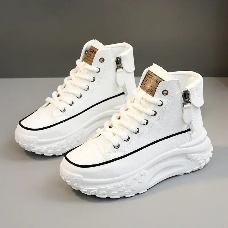 Women's Pin Stripe Platform Leather High-Top Sneakers In White — Side Zipper Style