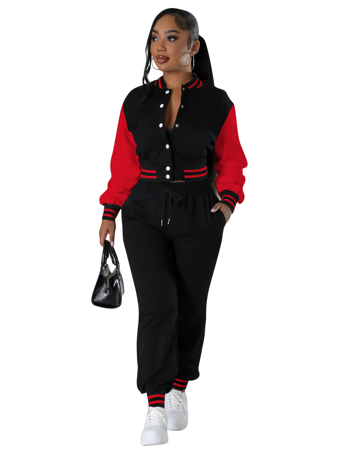 Black varsity jacket with red sleeves and drawstring joggers, ribbed stripe cuffs.