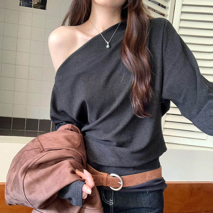 Women's Sexy Off Shoulder Long Sleeve Solid Color Batwing Slim Fit Shirt