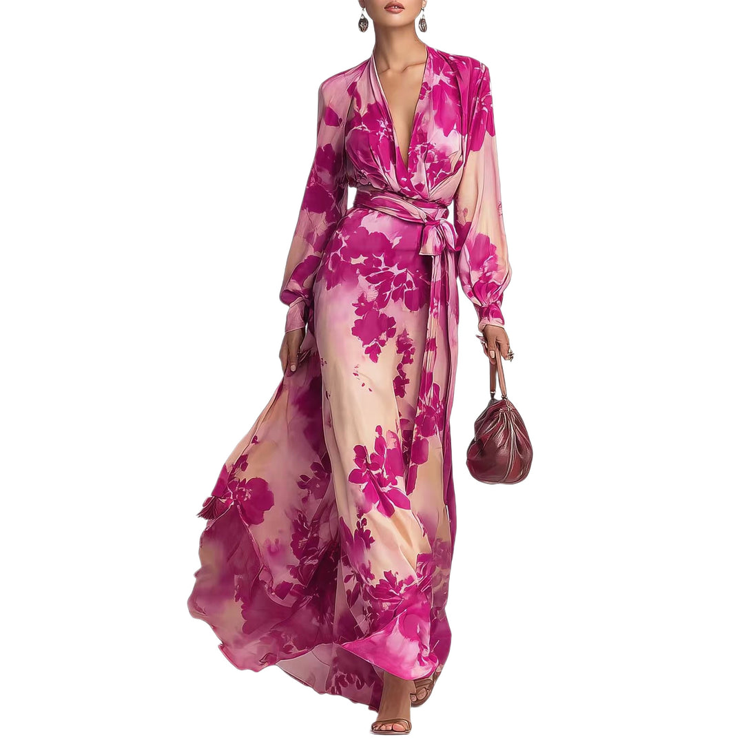 Chiffon Long Sleeve V-Neck Tie-Up Women's Dresses