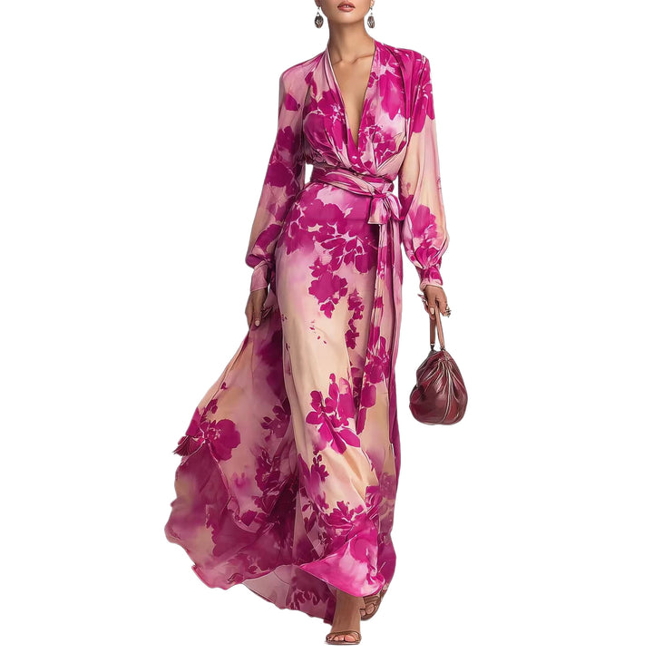 Chiffon Long Sleeve V-Neck Tie-Up Women's Dresses