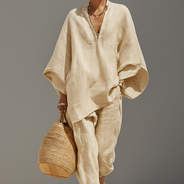 Women's Solid Color Loose Three-Quarter Sleeve Shirt And Pants Set