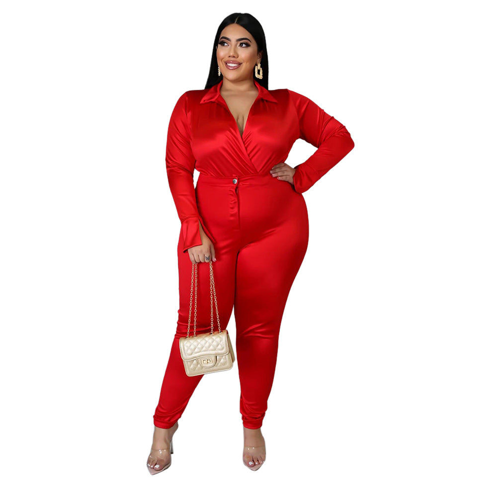 Deep V-Neck Front Zipper Smooth Silky Material Jumpsuits - Gen U Us Products - Women's Jumpsuits 