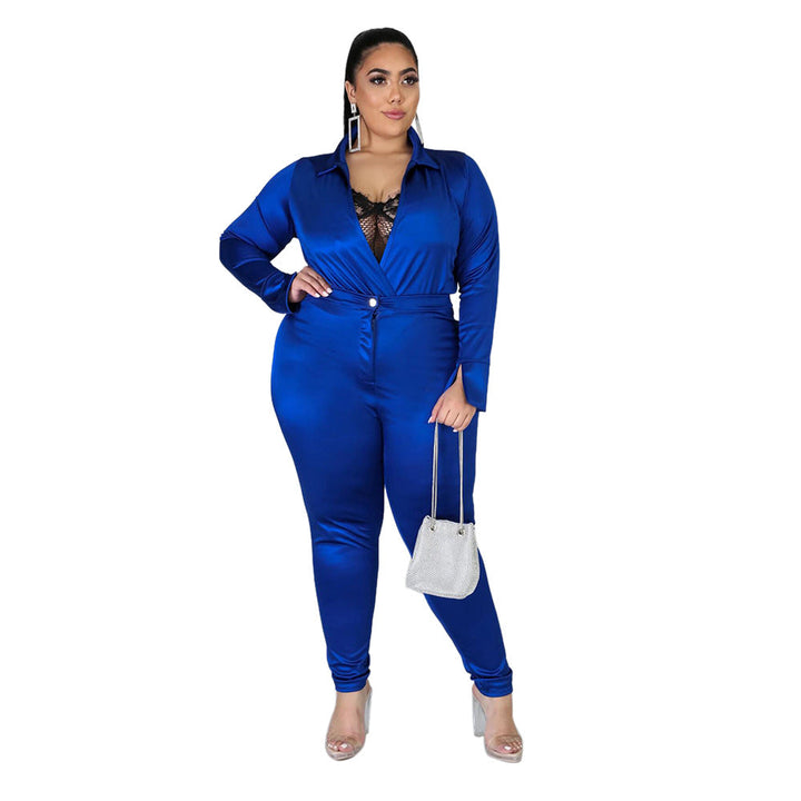 Deep V-Neck Front Zipper Smooth Silky Material Jumpsuits - Gen U Us Products