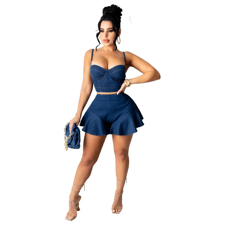 Denim Thin Strap Chesty V-Neck Crop Top and Mini Skirts - Gen U Us Products