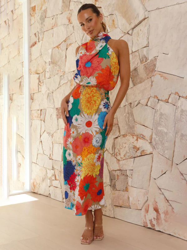 Dynamic Flower Design Halter Neck Sleeveless Slim Waist Dresses - Gen U Us Products