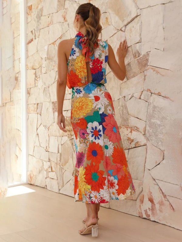 Dynamic Flower Design Halter Neck Sleeveless Slim Waist Dresses - Gen U Us Products