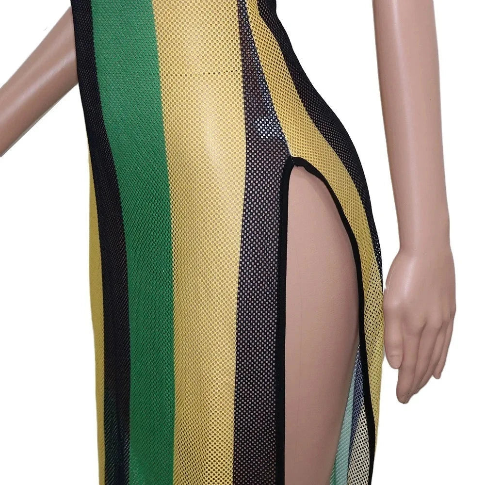 Dynamic Stripe Short Sleeve High Slit Bodycon Dresses - Gen U Us Products