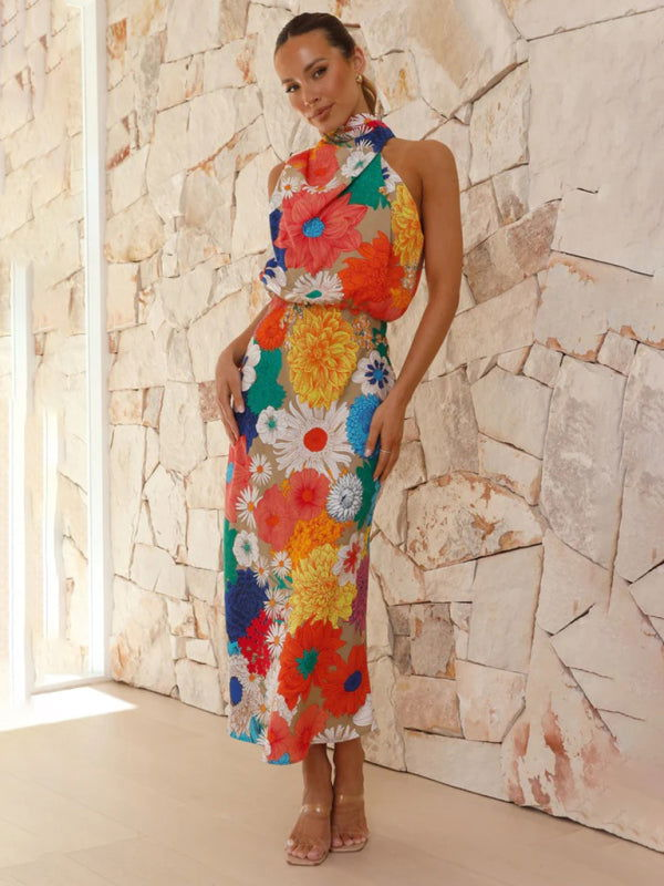 Dynamic Flower Design Halter Neck Sleeveless Slim Waist Dresses - Gen U Us Products -  