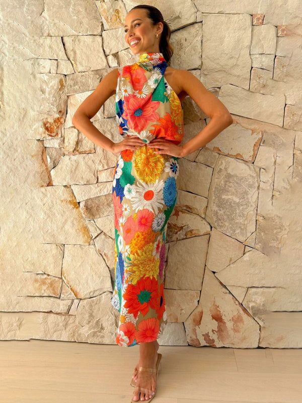 Dynamic Flower Design Halter Neck Sleeveless Slim Waist Dresses - Gen U Us Products -  