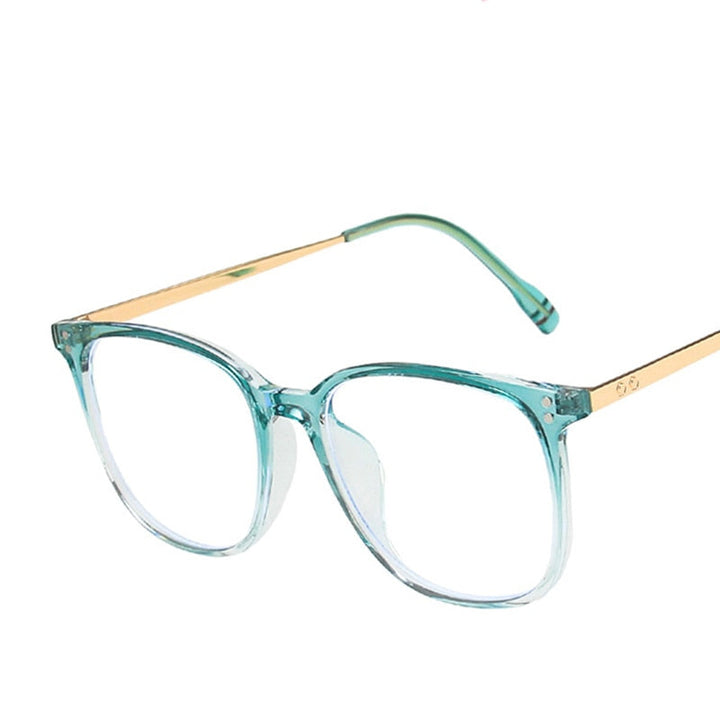 Teal and gold eyeglasses on a white background