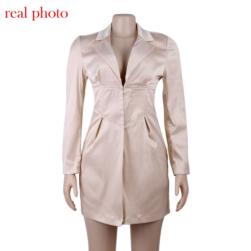 Deep V Neck Turn-Down Collar Button Long Blazer Dresses