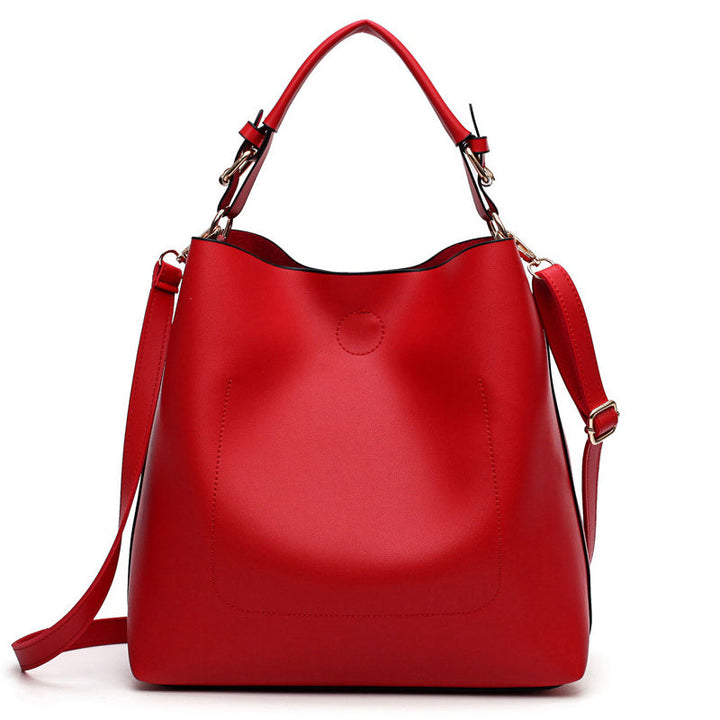 Red leather-look large shoulder hobo bag with top handles and side strap