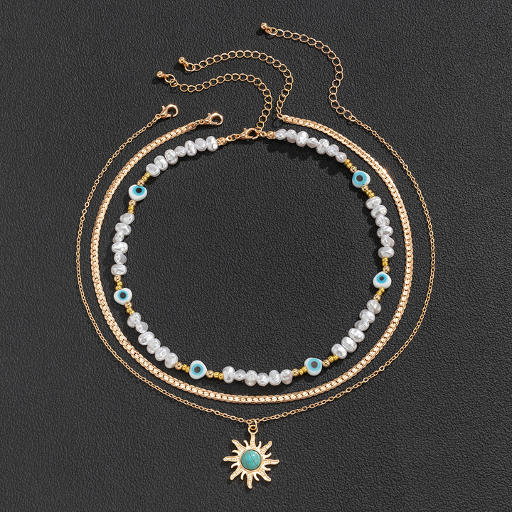 Vintage Eye Pearl Necklace with Sun Turquoise Pendant Necklace