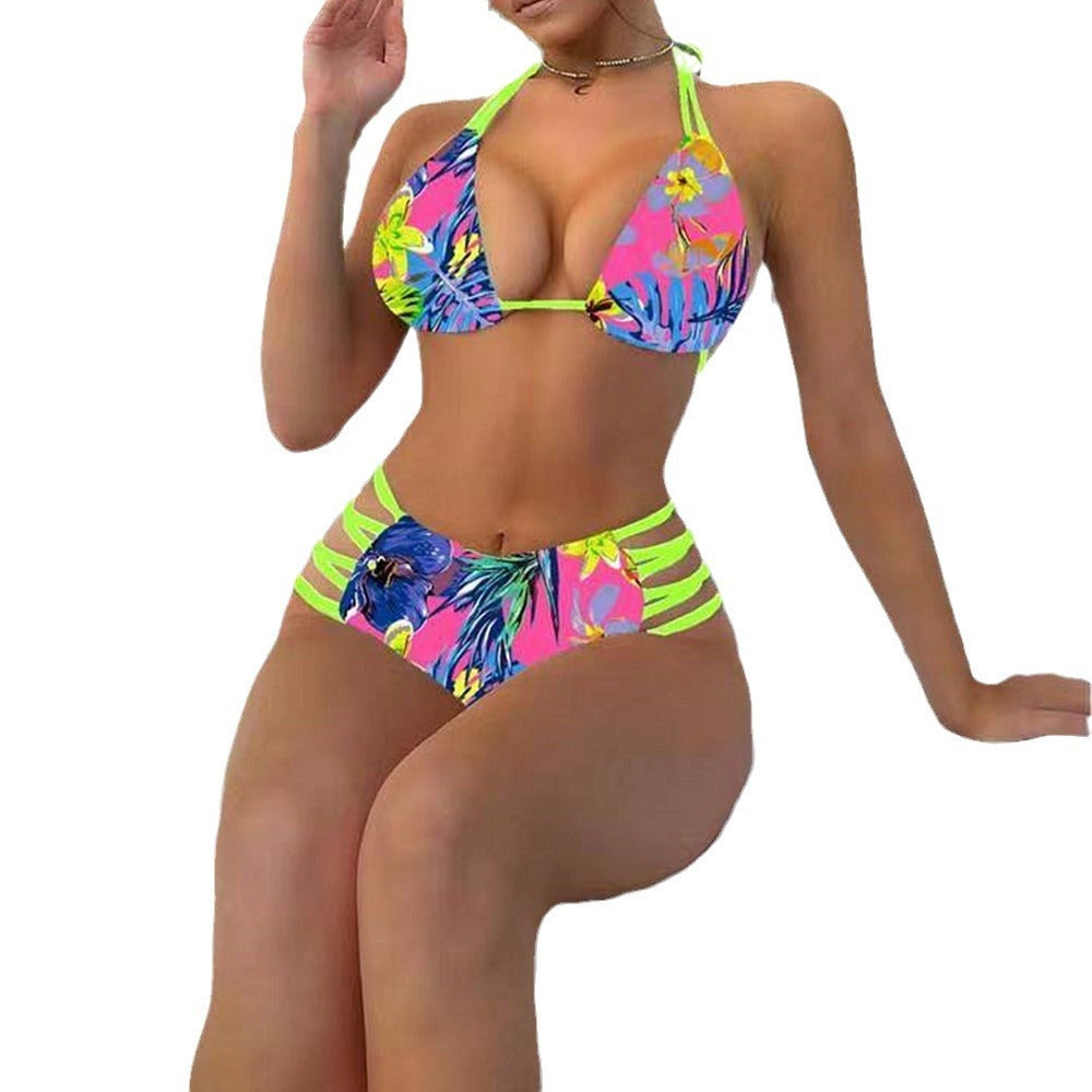 Edgy Flirty Multi Rope Straps Tropical Floral Print Bikini Swimsuits - Gen U Us Products