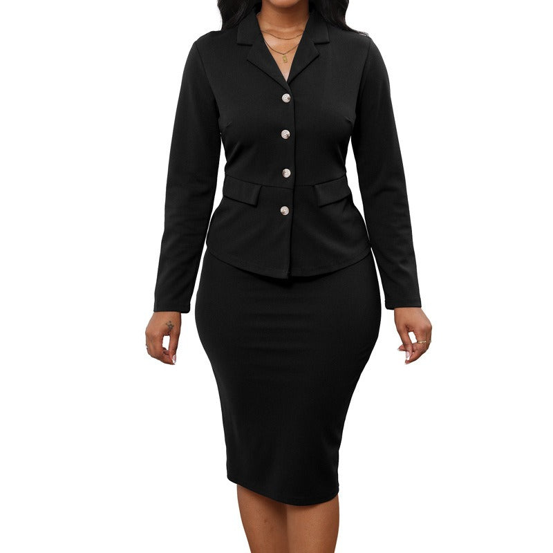 Conjunto blazer corto con botones de manga larga y falda lápiz, color negro