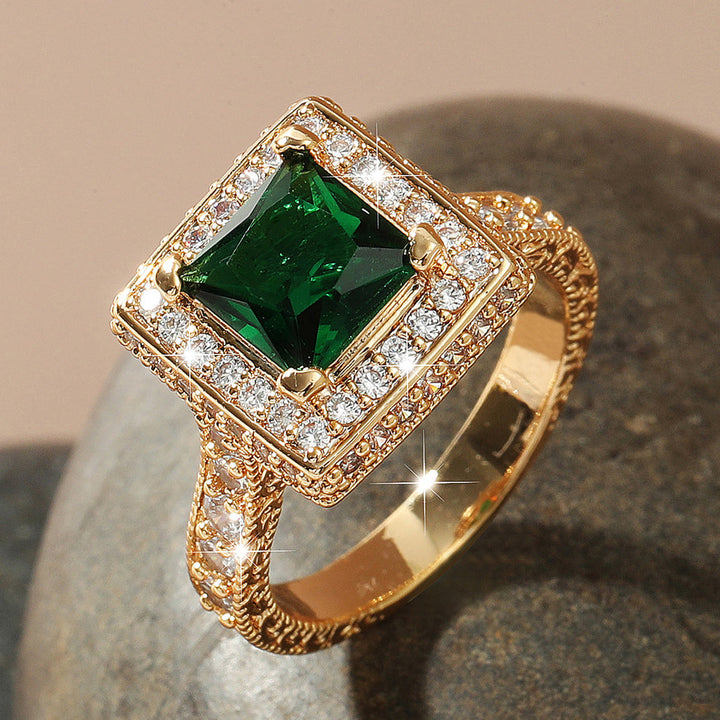 Exquisite 18K Plated Gold Large Square Emerald Glass Zircon Ring Gen U Us Products