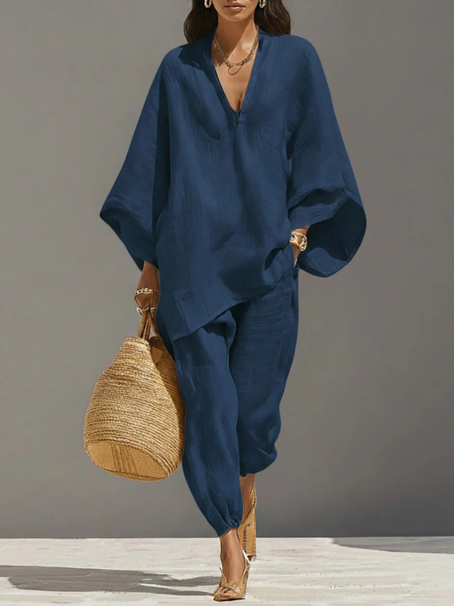 Women's Solid Color Loose Three-Quarter Sleeve Shirt And Pants Set