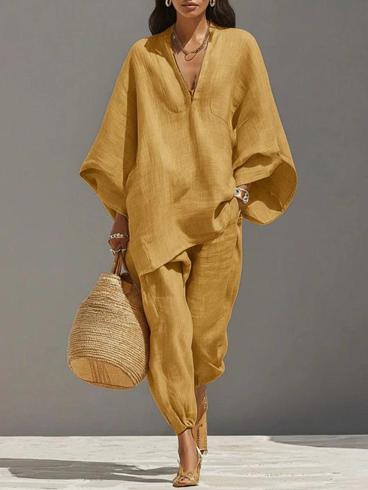 Women's Solid Color Loose Three-Quarter Sleeve Shirt And Pants Set