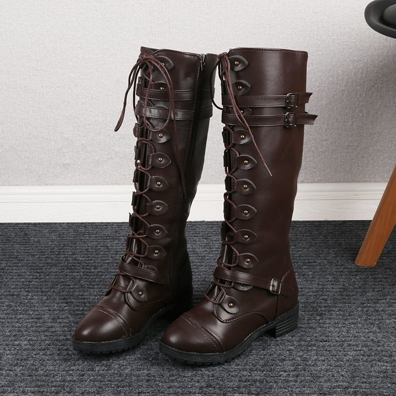 Women's Dark Brown Knee-High Riding Boots Equestrian Leather Style Flossy Mom