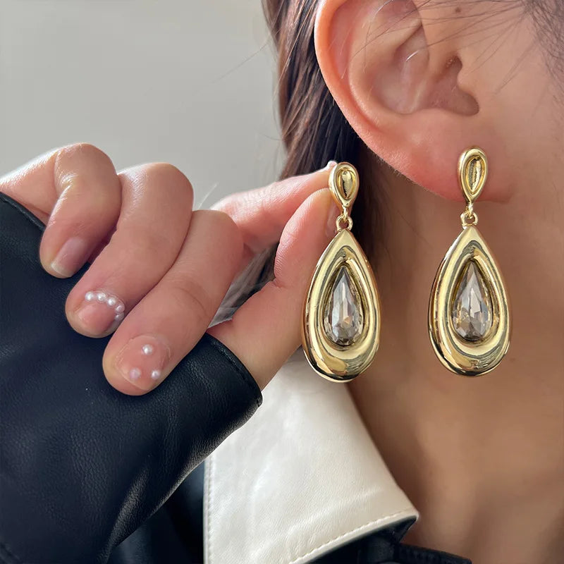 Glass Stones Metal Dangle Post Women Earrings
