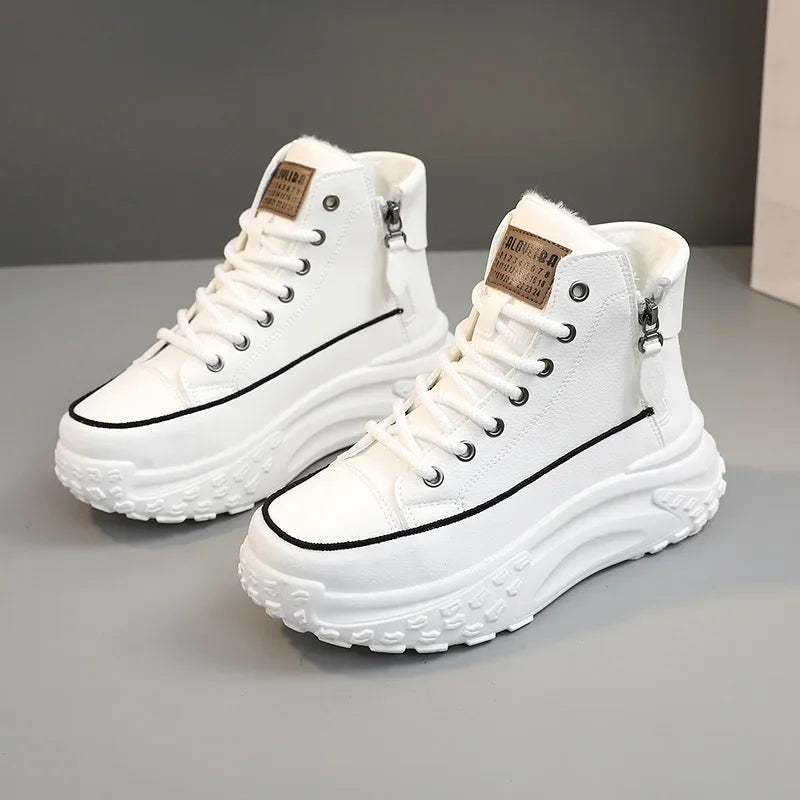Women's Pin Stripe Platform Leather High-Top Sneakers In White — Side Zipper Style