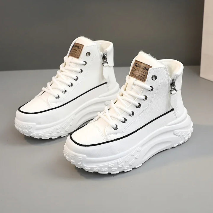 Women's Pin Stripe Platform Leather High-Top Sneakers In White — Side Zipper Style