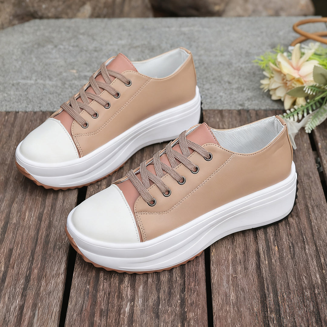 Women's Khaki Leather-Like Platform Sneakers Streetwear Cushioned Style