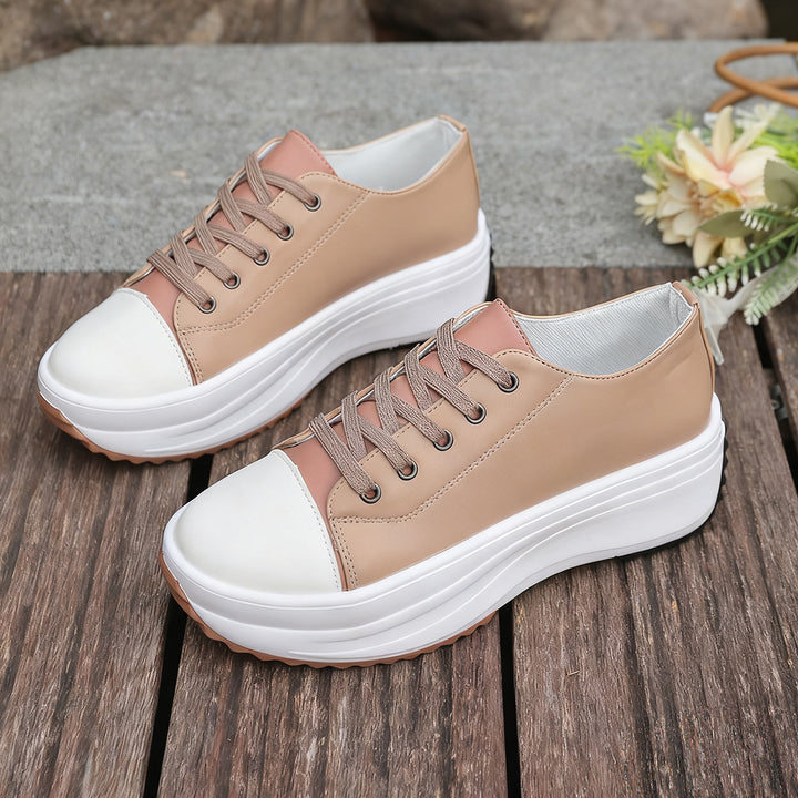 Women's Khaki Leather-Like Platform Sneakers Streetwear Cushioned Style