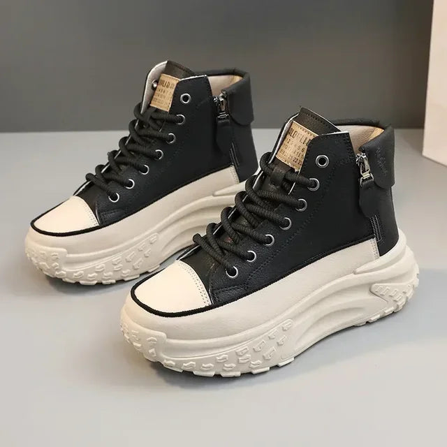 Women's Platform Leather Sneakers In Black — Sexy Pin Stripe High-Top Street Style