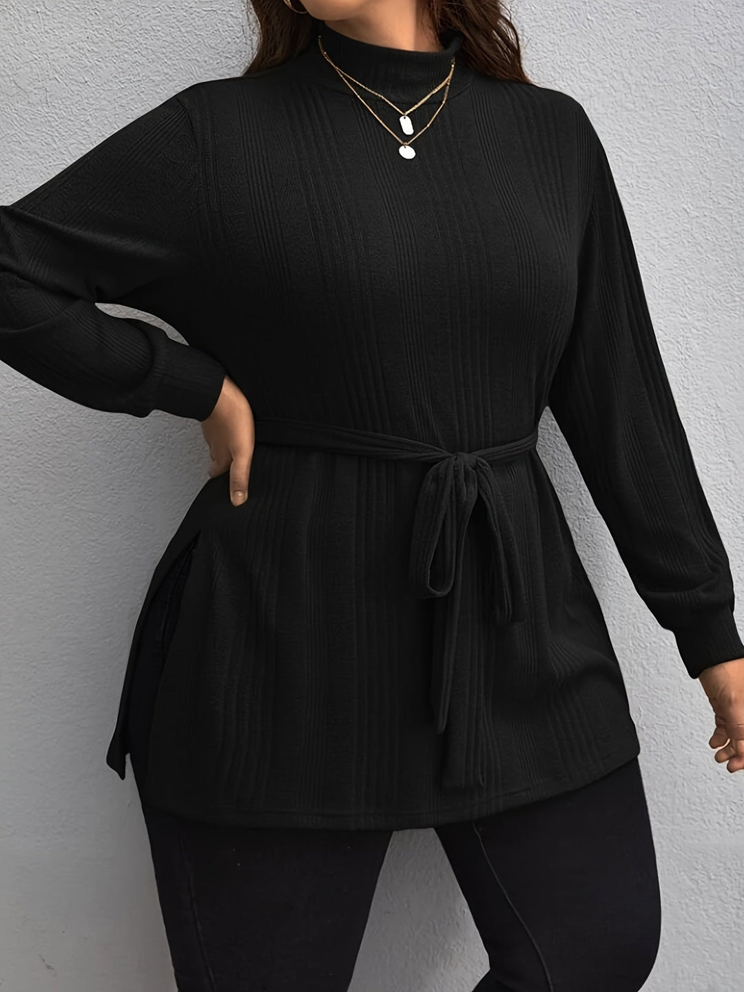 Fall Winter Stylish Black Long Sleeve Ribbed Split Pullover Gen U Us Products