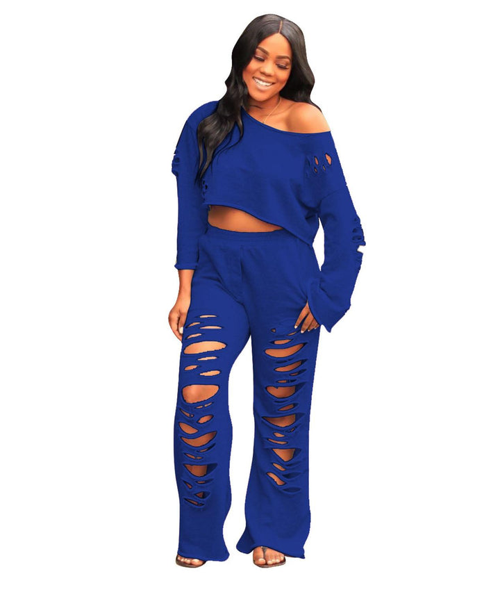 Fashionable Off Shoulder Crop Top & Ripped Hole Pants S-2XL Gen U Us Products