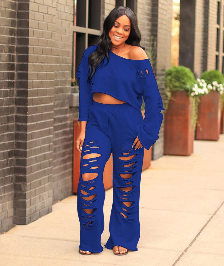 Fashionable Off Shoulder Crop Top & Ripped Hole Pants S-2XL Gen U Us Products