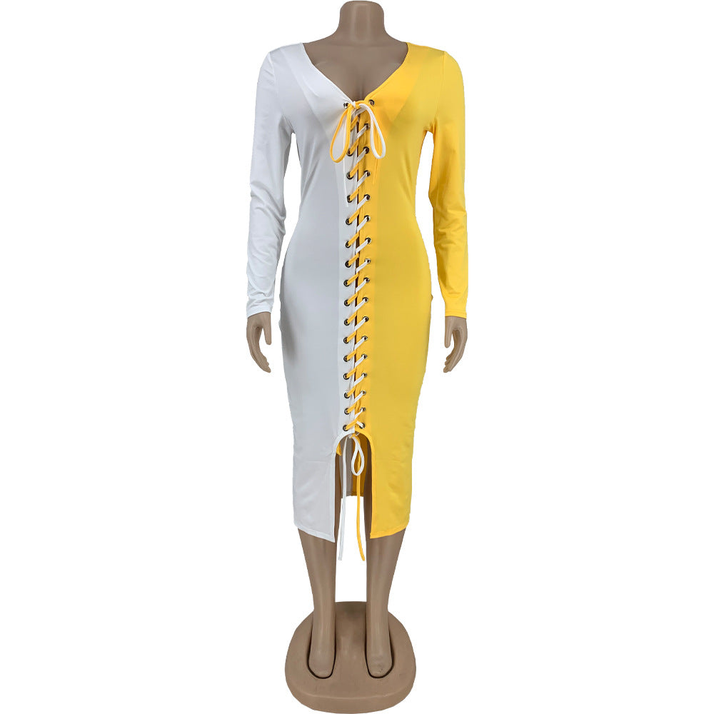 Fiery Multicolor Block Dainty Tie String Long Sleeve Cozy Fit Dresses - Gen U Us Products