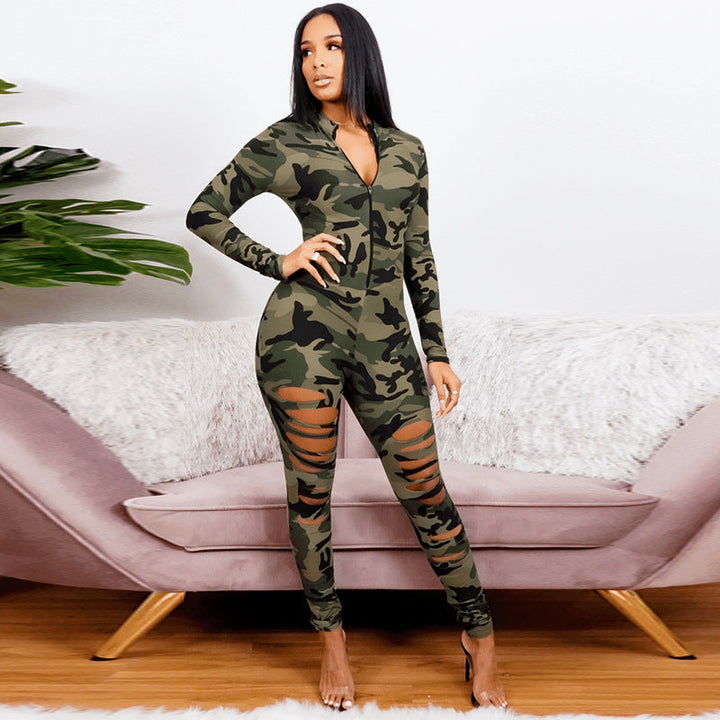 Flattering Fit Camouflage Ripped Zipper Jumpsuit S-3XL 