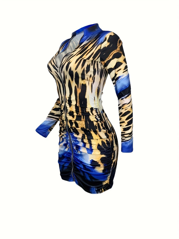 Flirtatious Chesty Deep V-neck Zip Up Bodycon Leopard Dresses - Gen U Us Products