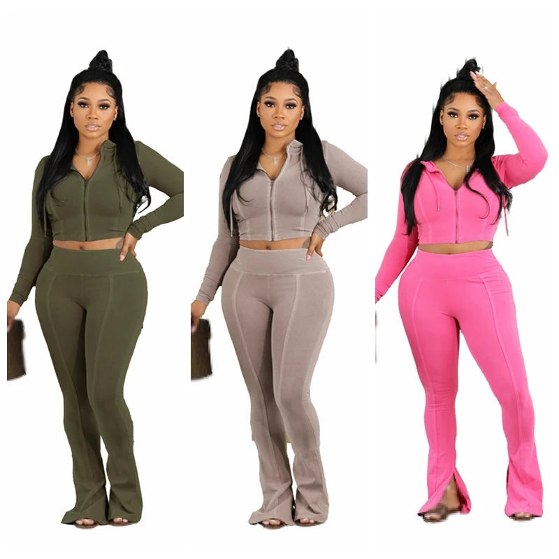 Flirty Crop Hoodie and Flare Pants Activewear Sets in Plus Sizes 