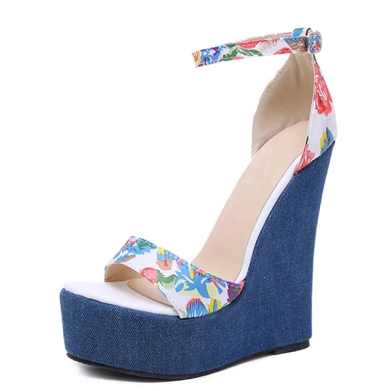 Flirty Floral Print Peep Toe High Platform Wedge Roman Denim Sandals - Gen U Us Products