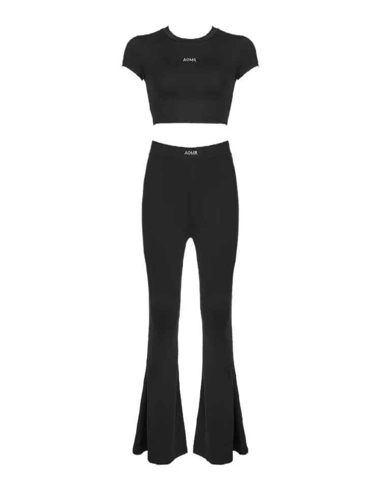Flirty Short Sleeve Open Midsection Top and High Waist Flare Pants - Gen U Us Products
