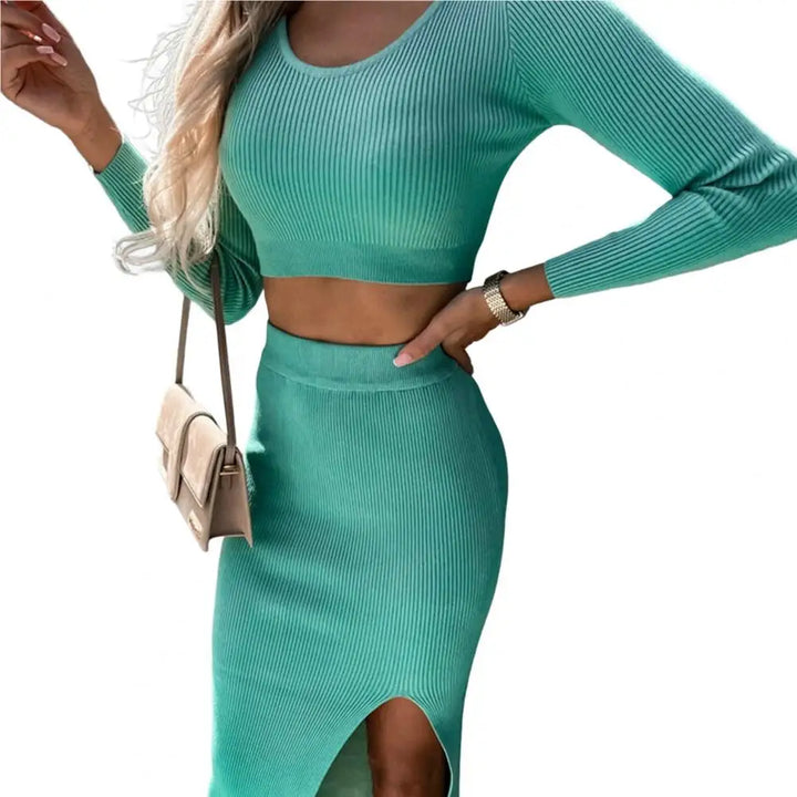 Flirty Slim Fit Breathable Crop Top and High Split Skirt Sets - Gen U Us Products