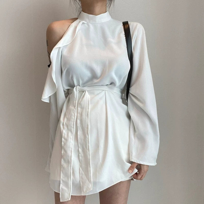 Flirty Y2K Long Sleeve Lace-up High-Tight Waist Shirt Dress - Gen U Us Products