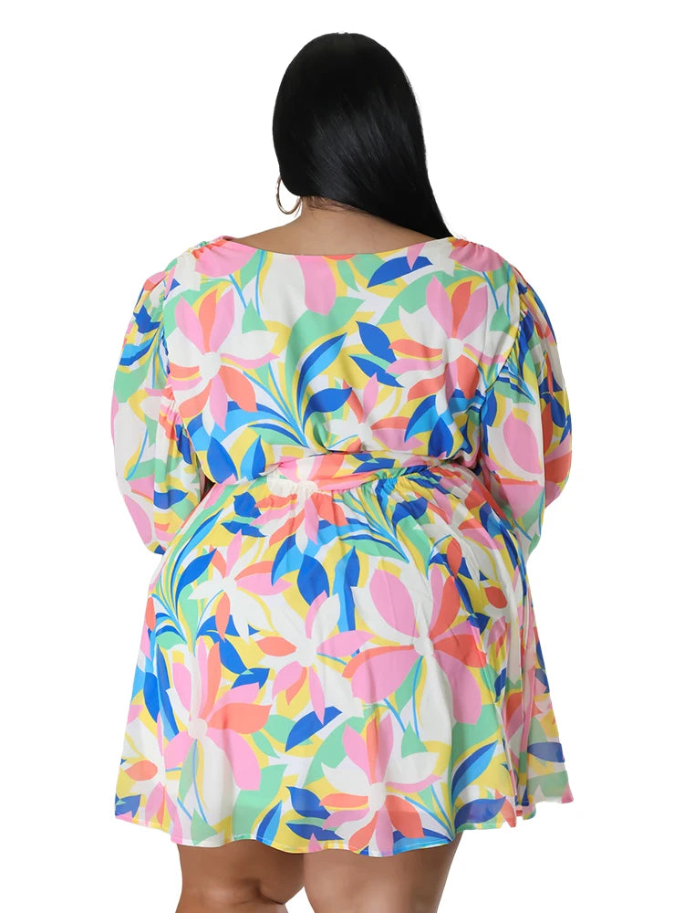 Floral Print Long Sleeve Deep V-neck Chiffon Mini Dress - Gen U Us Products