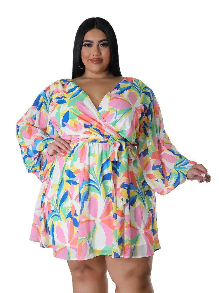 Floral Print Long Sleeve Deep V-neck Chiffon Mini Dress - Gen U Us Products -  