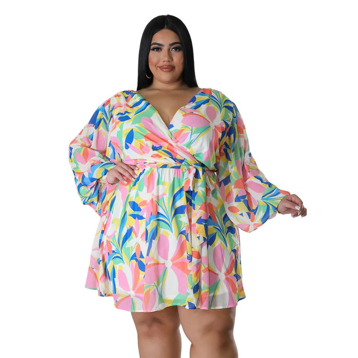 Floral Print Long Sleeve Deep V-neck Chiffon Mini Dress - Gen U Us Products -  