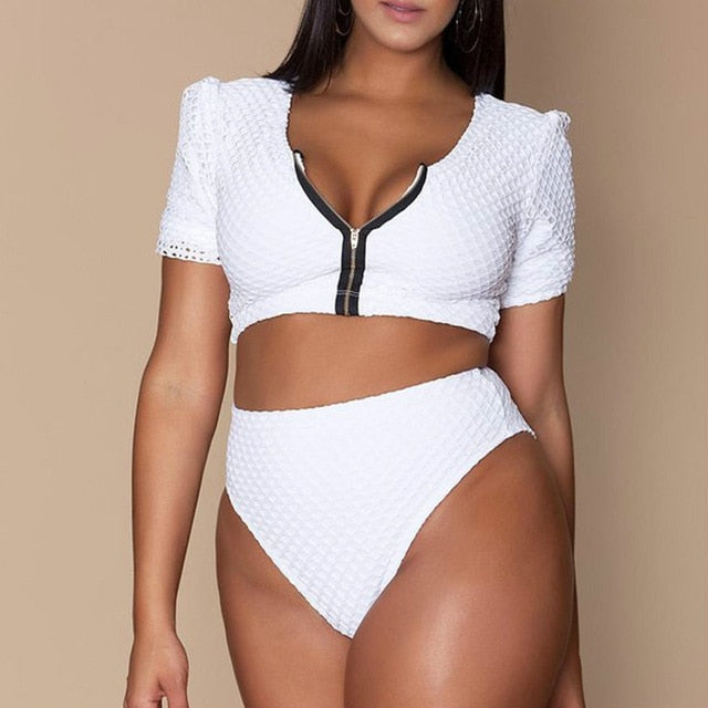 Form-fitting Zipper Top High Waisted Bikinis Swimsuits - Gen U Us Products