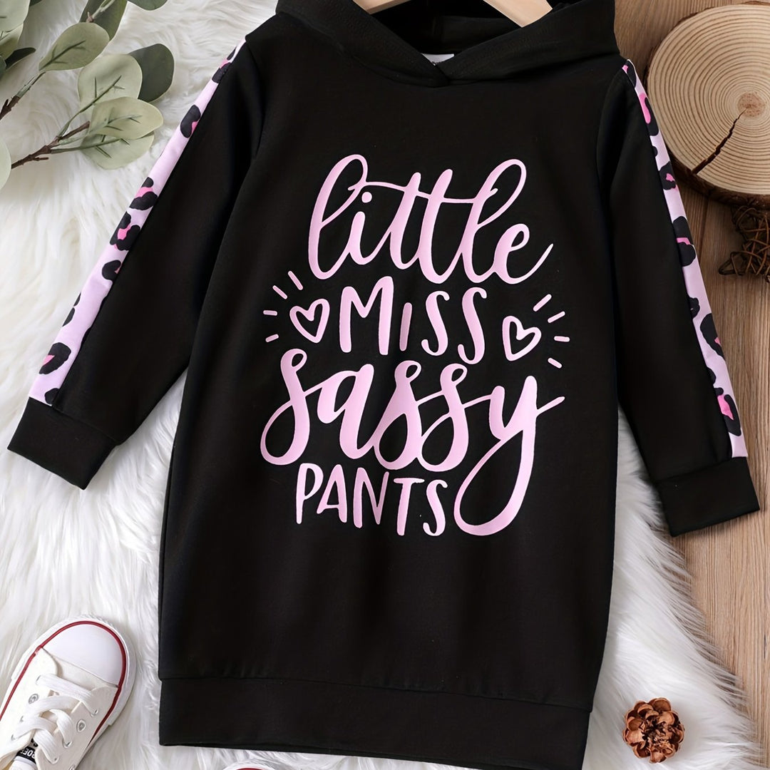 Girls' Little Miss Sissy Pants Print Long Sleeve Hooded Longline Dress 