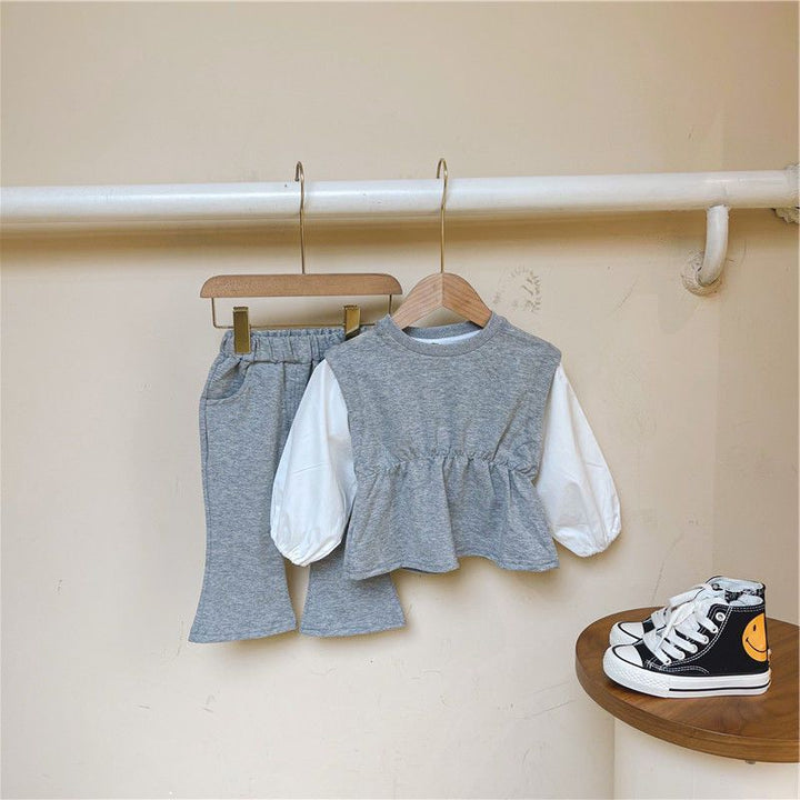 Girls Soft Cotton Puff Sleeve Shirt with Flared Pants 